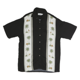 WINDHAM Mens Black & Cream Rayon Hawaiian Shirt L Palm Tree Floral Tropical