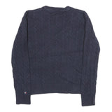 TOMMY HILFIGER Womens Navy Blue Patterned Jumper Crew Neck Cable Knit L Cotton