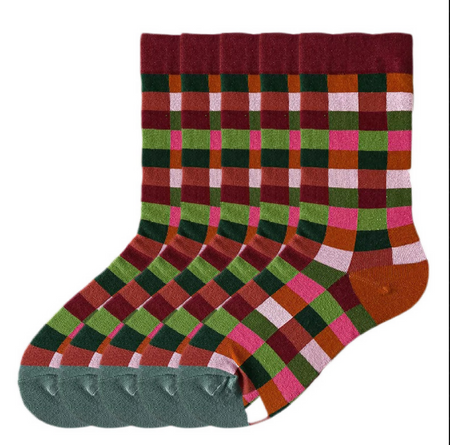 Anyfootwear 5 Pairs Size 5-9 Unisex Long Socks Cartoon Multi Color Checkered Nature Design Warm Winter Socks Comfortable Casual Foot Accessories