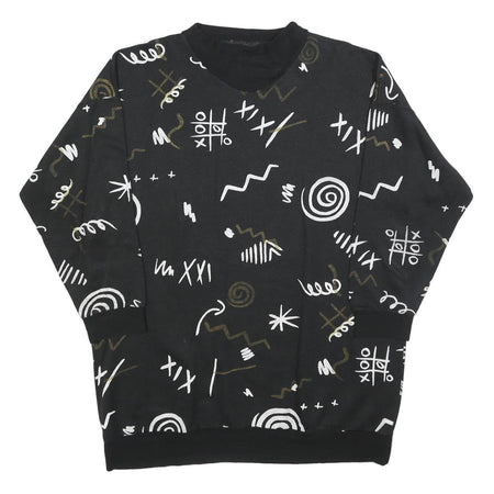 Womens Black Sweatshirt V Neck XL Abstract Print Cotton Blend Relaxed
