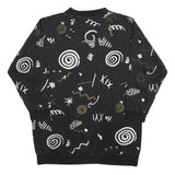 Womens Black Sweatshirt V Neck XL Abstract Print Cotton Blend Relaxed