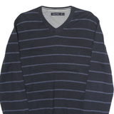 NAUTICA Mens Navy Blue & Light Blue Striped Patterned V-Neck Jumper Basic Knit L