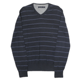 NAUTICA Mens Navy Blue & Light Blue Striped Patterned V-Neck Jumper Basic Knit L
