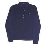 POLO RALPH LAUREN Womens Navy Blue Long Sleeve Plain L Cotton Blend Polo Shirt