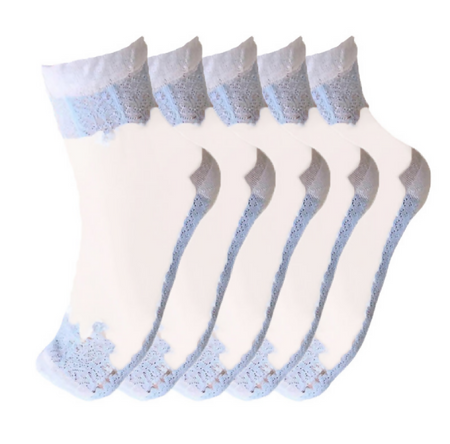 Anyfootwear 5 Pairs Size 5-9 Fashion Socks Summer Lace Embroidery Breathable Silk Transparent Glass Crystal Stretch for Women Sky Blue