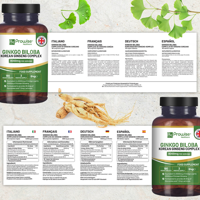 Ginkgo Biloba and Korean Ginseng Tablets 8000mg 180 Vegan Tablets | Ginkgo 6000mg & Korean Ginseng Root 2000mg Supports Cognitive Function & Mental Performance