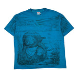 Single Stitch Hanes Graphic T-Shirt - XL Blue Cotton Blend