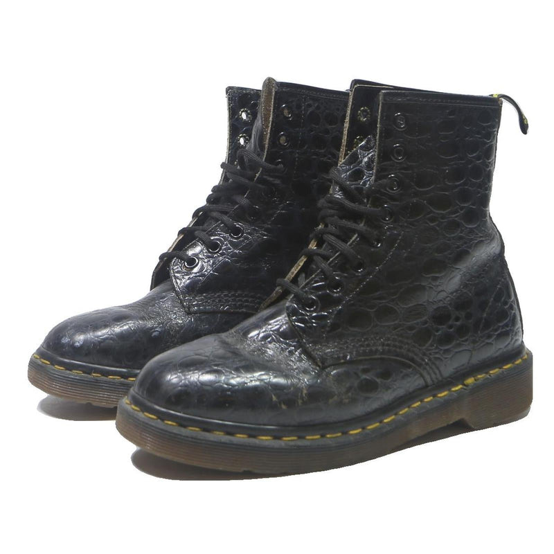DR MARTENS Womens Leather Ankle Boots Black UK 6 Croc Embossed Lace-Up