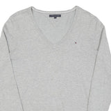 TOMMY HILFIGER Womens Grey Plain Jumper V-Neck Basic Knit M Classic Cotton Blend