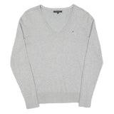 TOMMY HILFIGER Womens Grey Plain Jumper V-Neck Basic Knit M Classic Cotton Blend
