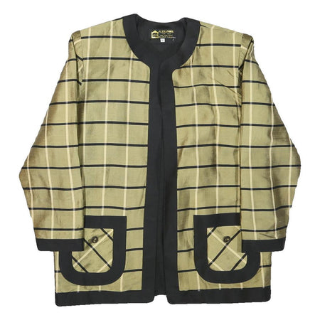 ALEXANDRA Womens Beige & Black Checked Silk Jacket L Woven Round Neck Long