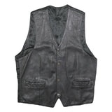 Womens Black Leather Button Jacket L Woven Classic Vest Style
