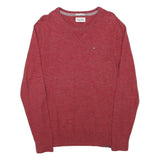 TOMMY HILFIGER Mens Red Cotton Blend Plain Crew Neck Basic Knit Jumper M Stylish