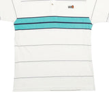 K-PRODUCTS Mens White & Teal Striped Short Sleeve Polo Shirt M Logo Embroidered