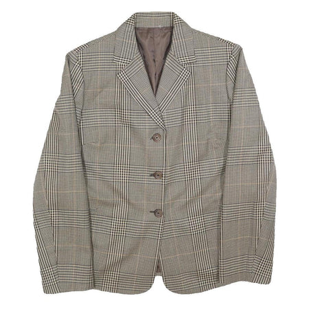 Womens Brown Grey Wool Blend Checked Button Jacket L Woven Classic Tailored