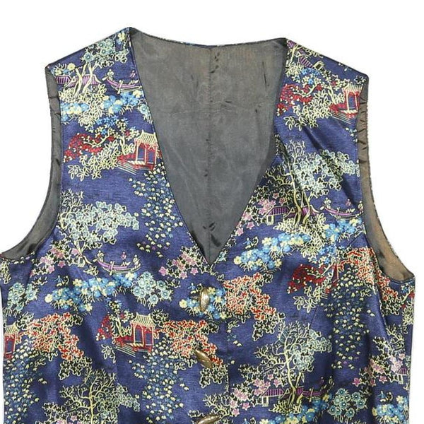 Womens Blue Button Polyester Blend Decorative Print Waistcoat XS Satin Lining