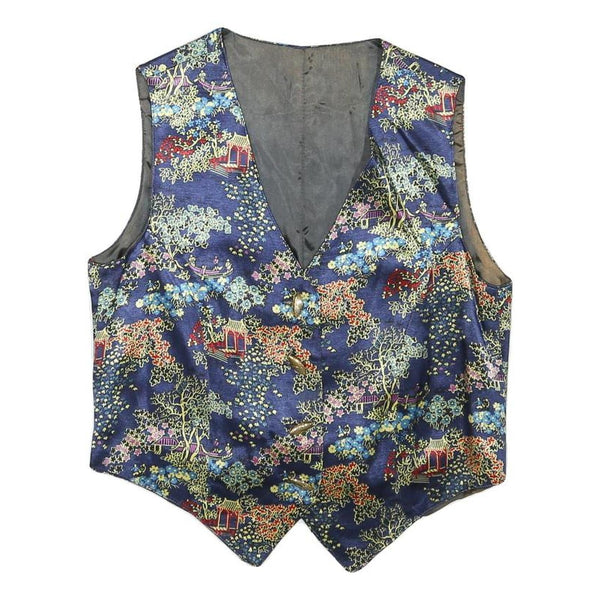 Womens Blue Button Polyester Blend Decorative Print Waistcoat XS Satin Lining