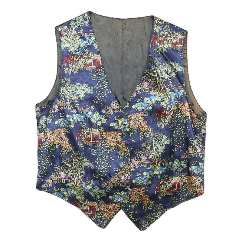 Womens Blue Button Polyester Blend Decorative Print Waistcoat XS Satin Lining