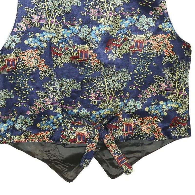 Womens Blue Button Polyester Blend Decorative Print Waistcoat XS Satin Lining