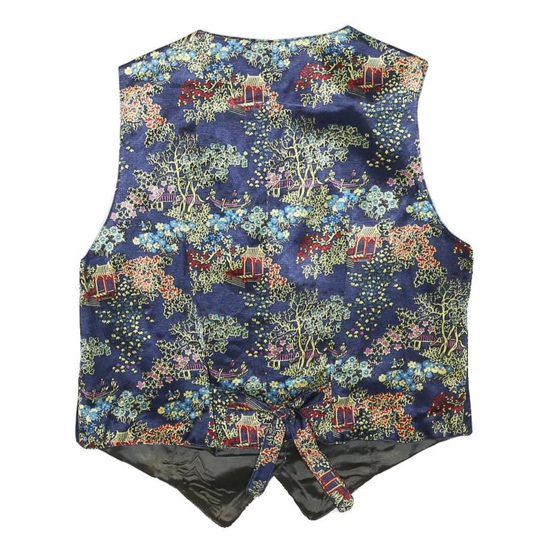Womens Blue Button Polyester Blend Decorative Print Waistcoat XS Satin Lining