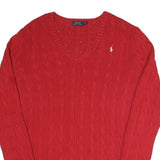 POLO RALPH LAUREN Womens Red Patterned Jumper V-Neck Cable Knit L Cotton Blend