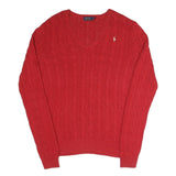 POLO RALPH LAUREN Womens Red Patterned Jumper V-Neck Cable Knit L Cotton Blend