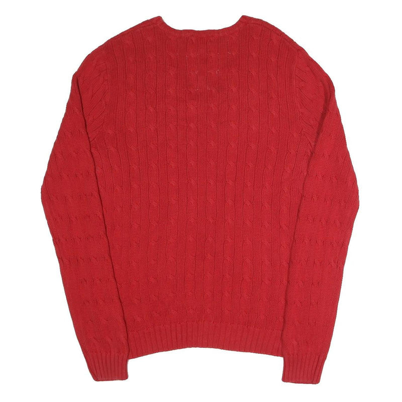 POLO RALPH LAUREN Womens Red Patterned Jumper V-Neck Cable Knit L Cotton Blend