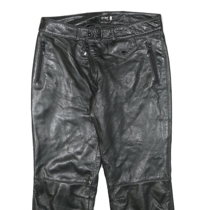 LU MAN Womens Leather Black Regular Fit Straight Trousers W29 L23 Stylish Zip