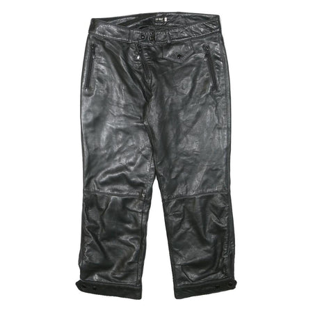 LU MAN Womens Leather Black Regular Fit Straight Trousers W29 L23 Stylish Zip