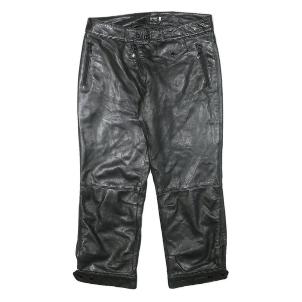 LU MAN Womens Leather Black Regular Fit Straight Trousers W29 L23 Stylish Zip