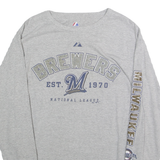 MAJESTIC Mens Grey Brewers Graphic T-Shirt Long Sleeve Crew Neck Milwaukee MLB