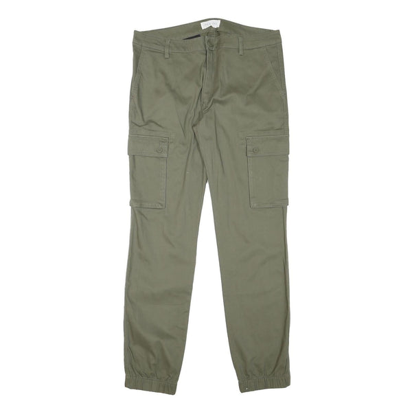 PIER ONE Mens Cotton Blend Slim Cargo Green Trousers W34 L32 Zip Pockets