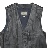 CONWELL Mens Black Leather Waistcoat XL Button Woven Classic Vest