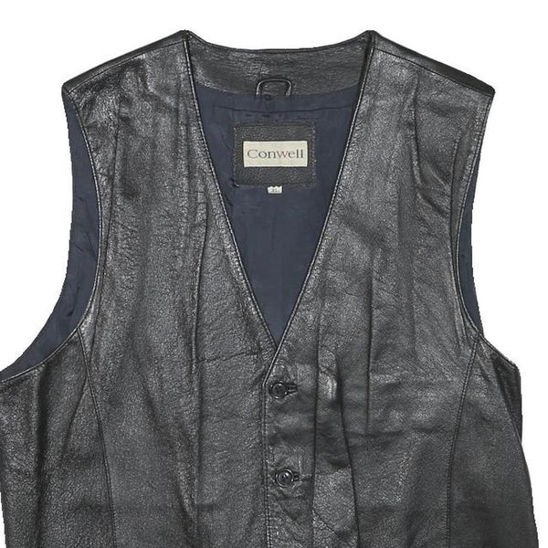 CONWELL Mens Black Leather Waistcoat XL Button Woven Classic Vest