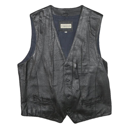 CONWELL Mens Black Leather Waistcoat XL Button Woven Classic Vest