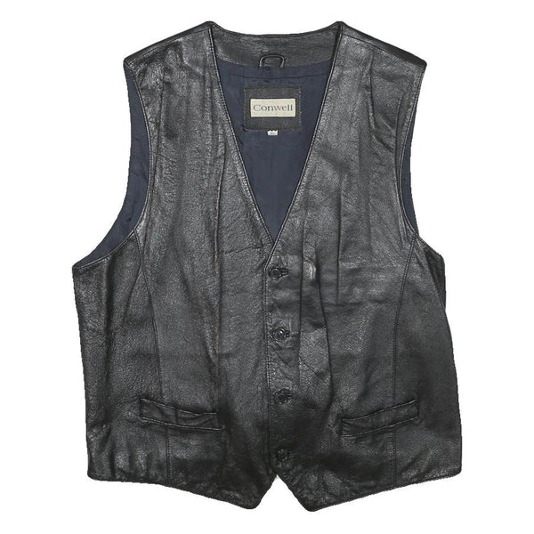 CONWELL Mens Black Leather Waistcoat XL Button Woven Classic Vest