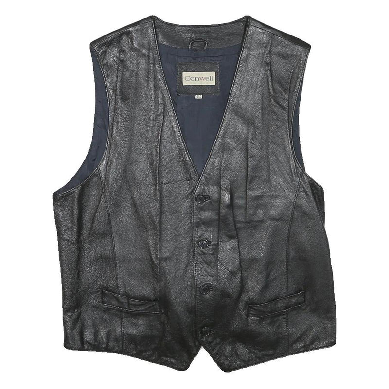 CONWELL Mens Black Leather Waistcoat XL Button Woven Classic Vest