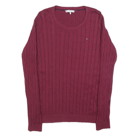 TOMMY HILFIGER Womens Maroon Patterned Jumper Crew Neck Cable Knit M Cotton
