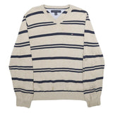 TOMMY HILFIGER Mens Beige & Navy Patterned Cotton Jumper V-Neck Rib Knit S