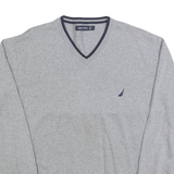 NAUTICA Mens Grey Cotton Plain V-Neck Regular Fit Jumper L Casual Classic