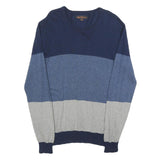 BEN SHERMAN Mens Blue & Grey Colourblock Patterned Wool Blend Jumper Crew Neck M