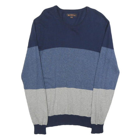 BEN SHERMAN Mens Blue & Grey Colourblock Patterned Wool Blend Jumper Crew Neck M