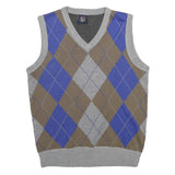 CAMBRIDGE CLASSICS Mens Grey & Brown Argyle V-Neck Patterned Basic Knit M Jumper