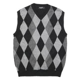 PAUL JONES Mens Black & Grey Patterned V Neck Jumper Basic Knit S Cotton Blend