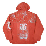 Mens Red Orange Hooded Button Jacket XL Polyester Blend Artistic Print Casual