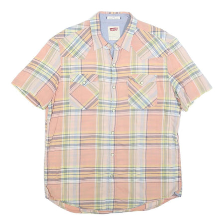 LEVI'S Mens Peach Green & Blue Check Shirt L Casual Summer Short Sleeve
