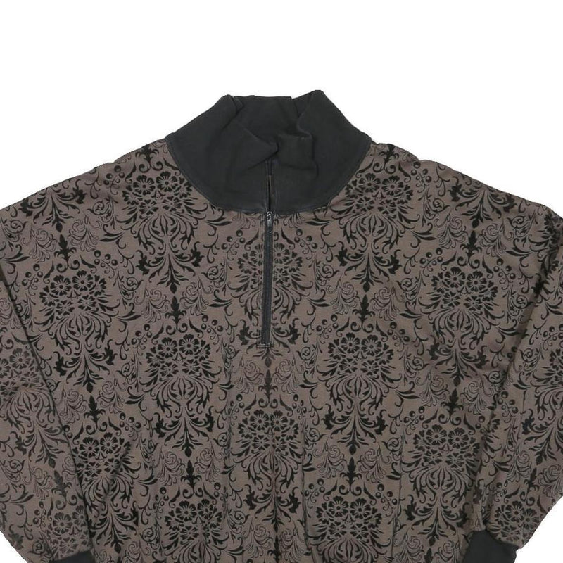 Womens Brown & Black Patterned Sweatshirt Collared L Zip Neck Pullover Casual