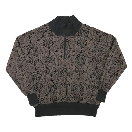 Womens Brown & Black Patterned Sweatshirt Collared L Zip Neck Pullover Casual