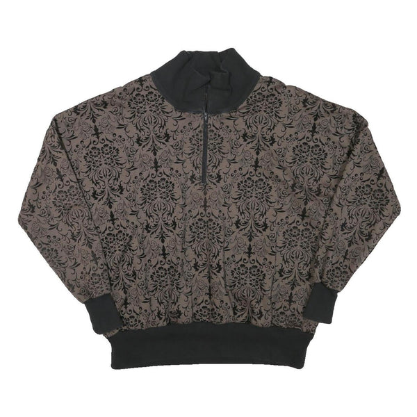 Womens Brown & Black Patterned Sweatshirt Collared L Zip Neck Pullover Casual