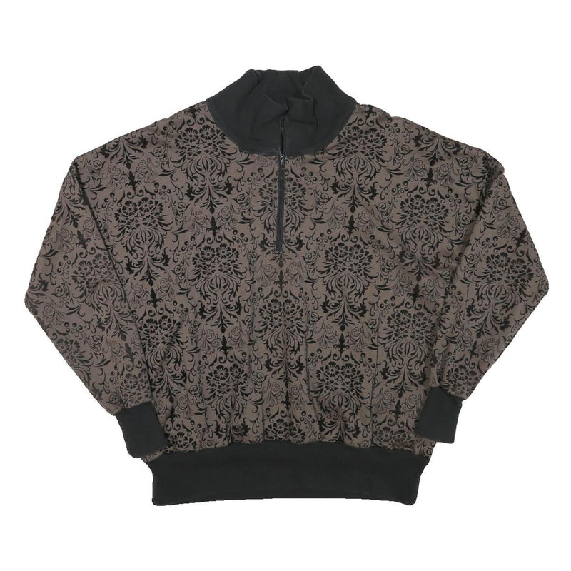 Womens Brown & Black Patterned Sweatshirt Collared L Zip Neck Pullover Casual